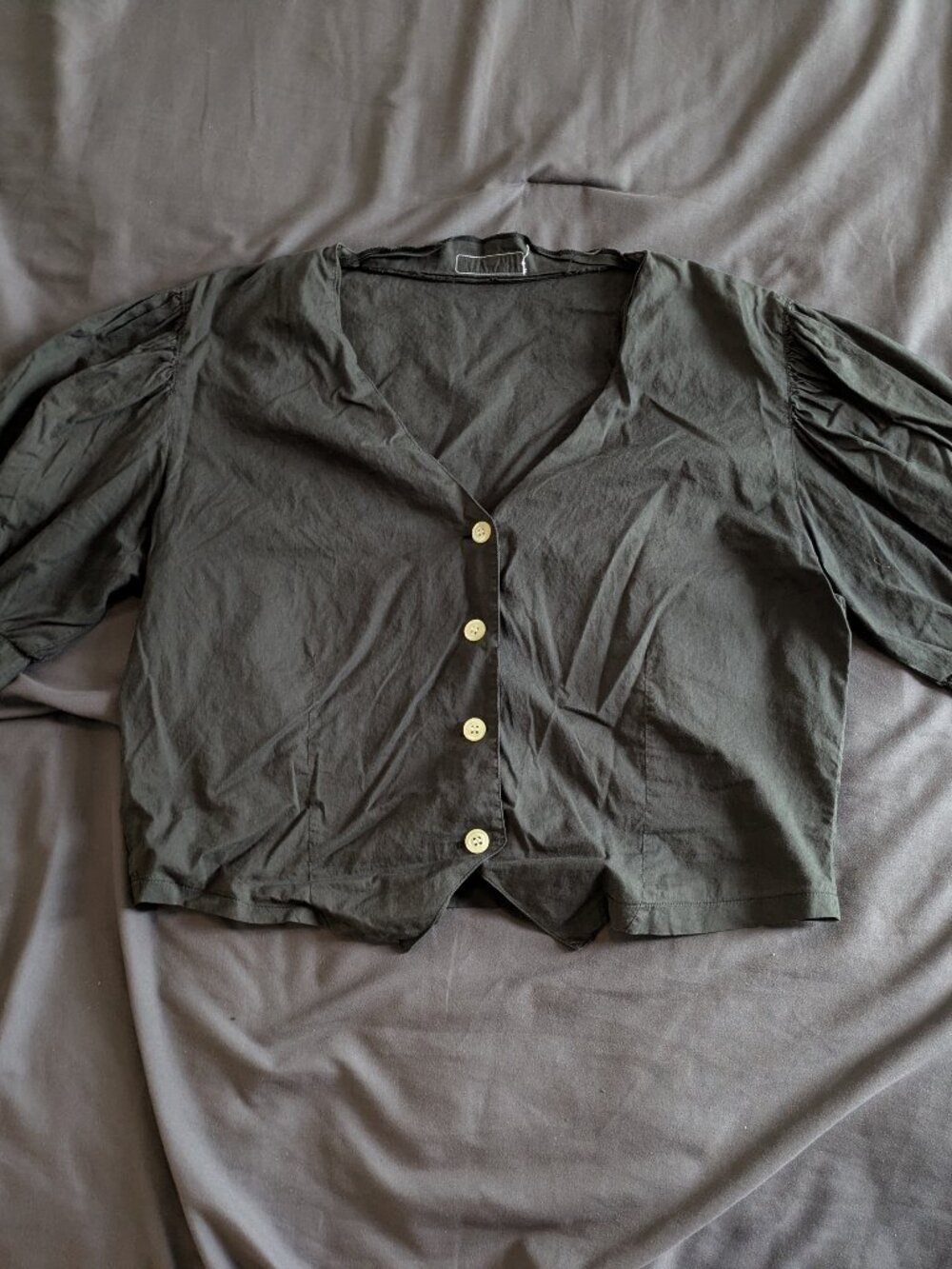 Gerard Darel V-Neck Button-Up Puff Sleeve Blouse Medium